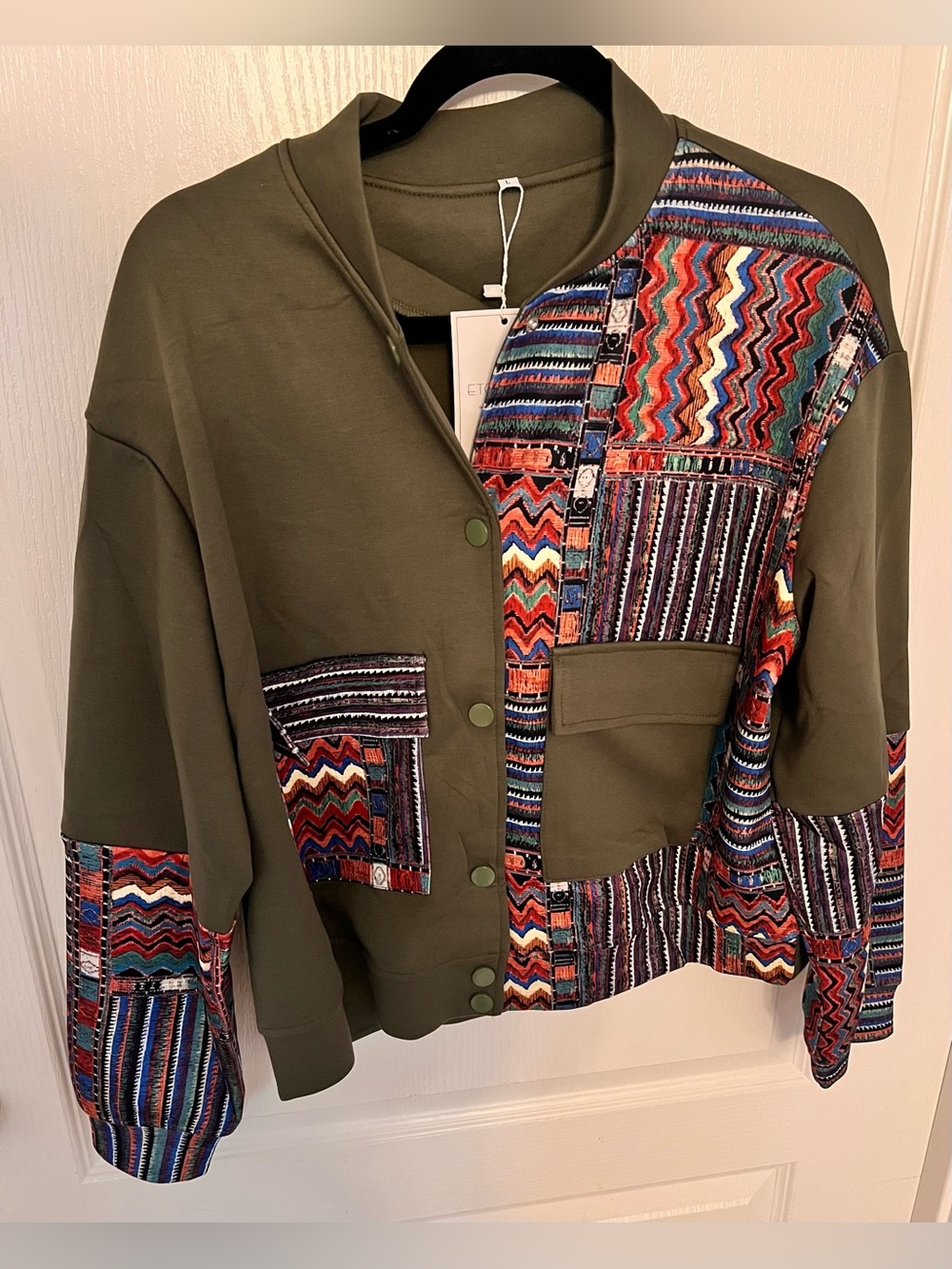 Olive Patchwork Tribal-Panel Bomber Jacket - Picture 2 of 5
